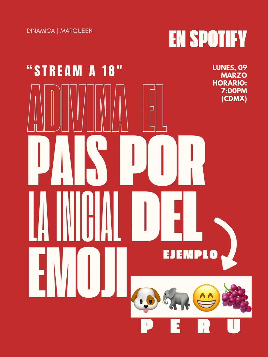 Adivina el país usando solo la inicial de cada emoji. 🌎 

¿Eres rápido descifrando? 🧠 El primero en descubrirlo y comentar la respuesta correcta gana.

🗓 Lunes 9 de marzo ⏰ 7:00 PM (CDMX)
🎧Stream en Spotify 

¿Listos para pensar rápido? 👀

🔗 open.spotify.com/playlist/7EjRV…