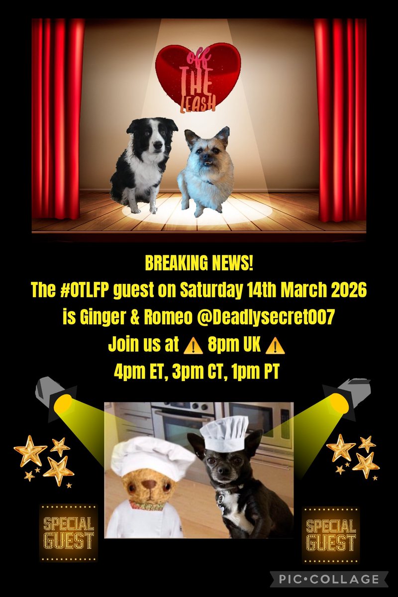 BREAKING NEWS! 
Attention please
Our Guest for <a href="/OffTheLeashFP/">OffTheLeashFP 💔RIP Beautiful Millie&Sweet Pixie🌈</a> #OTLFP on
Saturday 14th March is 
Ginger and Romeo <a href="/Deadlysecret007/">Ginger & Romeo,</a>
Come along &amp; Join the fun
⚠️ 📢 🚨 8pm UK ⚠️ 📢 🚨 
4pm ET
3pm CT
1pm PT
Search🔎#OTLFP to join in &amp; follow the show