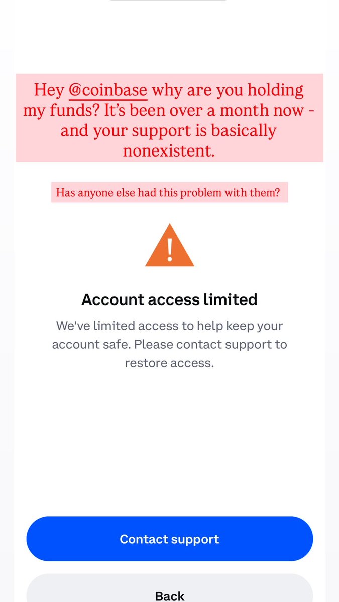 godesssamber's tweet photo. Day 30+ of @coinbase holding my funds.

Support response: “Your case is under investigation.”

Same copy-paste email every time.
How is this acceptable for a financial platform?

Has anyone else had this problem with them? https://t.co/zhJh5ApGX4