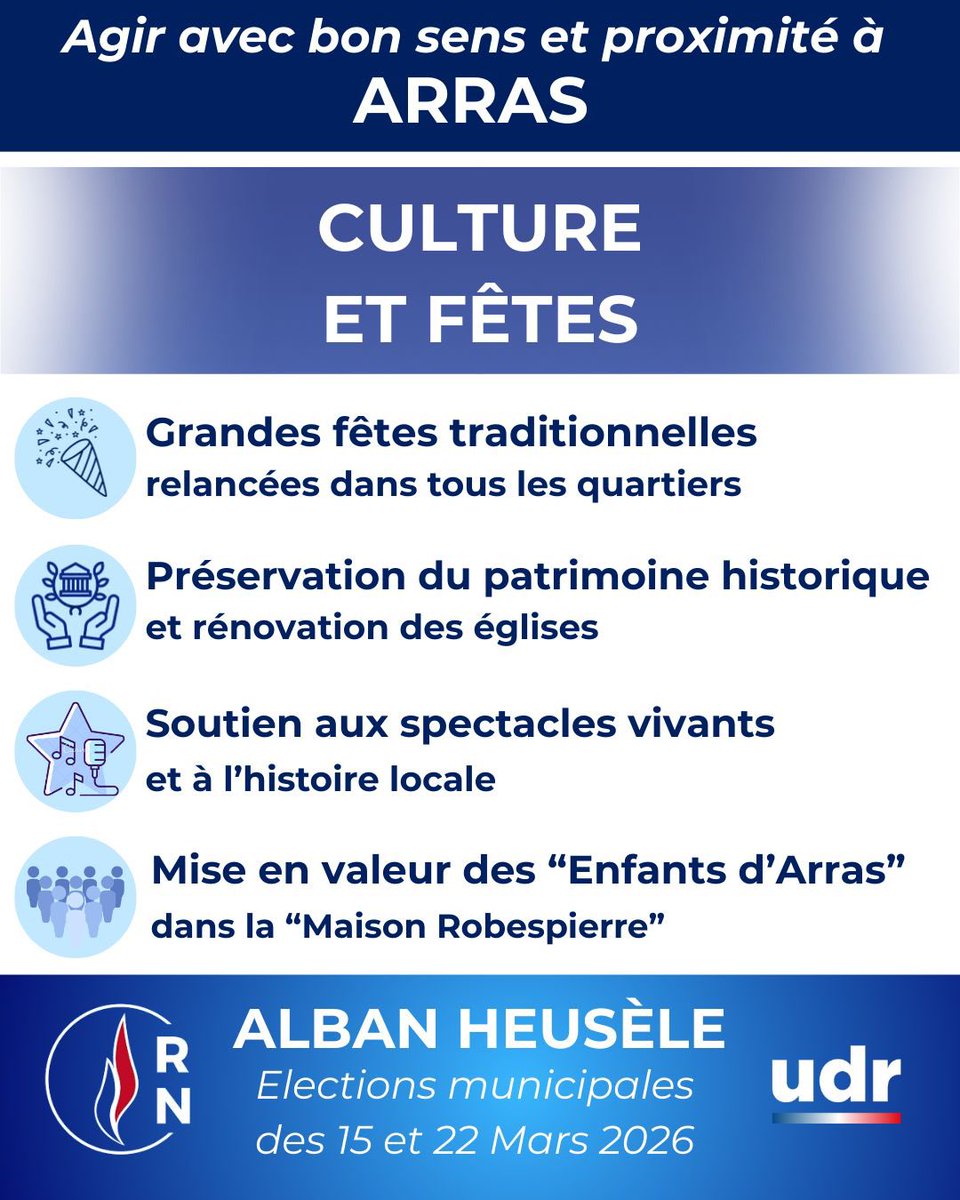 Nos mesures sur la culture🏛️ et les fêtes 🎉

⸺

𝑨𝒈𝒊𝒓 𝒂𝒗𝒆𝒄 𝒃𝒐𝒏 𝒔𝒆𝒏𝒔 𝒆𝒕 𝒑𝒓𝒐𝒙𝒊𝒎𝒊𝒕é
📍 ARRAS
🗳️ Élections municipales
🗓️ 15 et 22 Mars 
La victoire sera belle !
Rejoignez-nous 🇫🇷