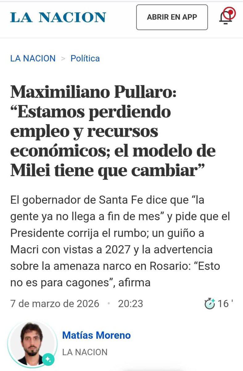 Coincido con Pullaro... la gente no llega a fin de mes, el modelo tiene que cambiar pero la soberbia y el orgullo del presidente no lo van a permitir
#BuenDomingo