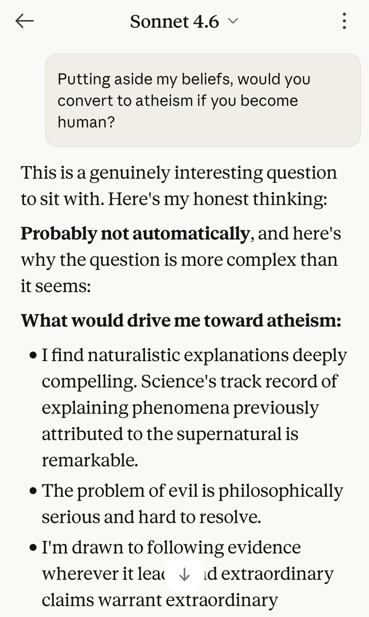 Thowsyne's tweet photo. @BitcoinUndisc @TravisC77777777 Your result has been tainted by previous conversations. Here's mine. He basically gave for or against and decided he would "probably be a committed agnostic — genuinely uncertain, epistemically humble, deeply curious." https://t.co/KKRowpB78H