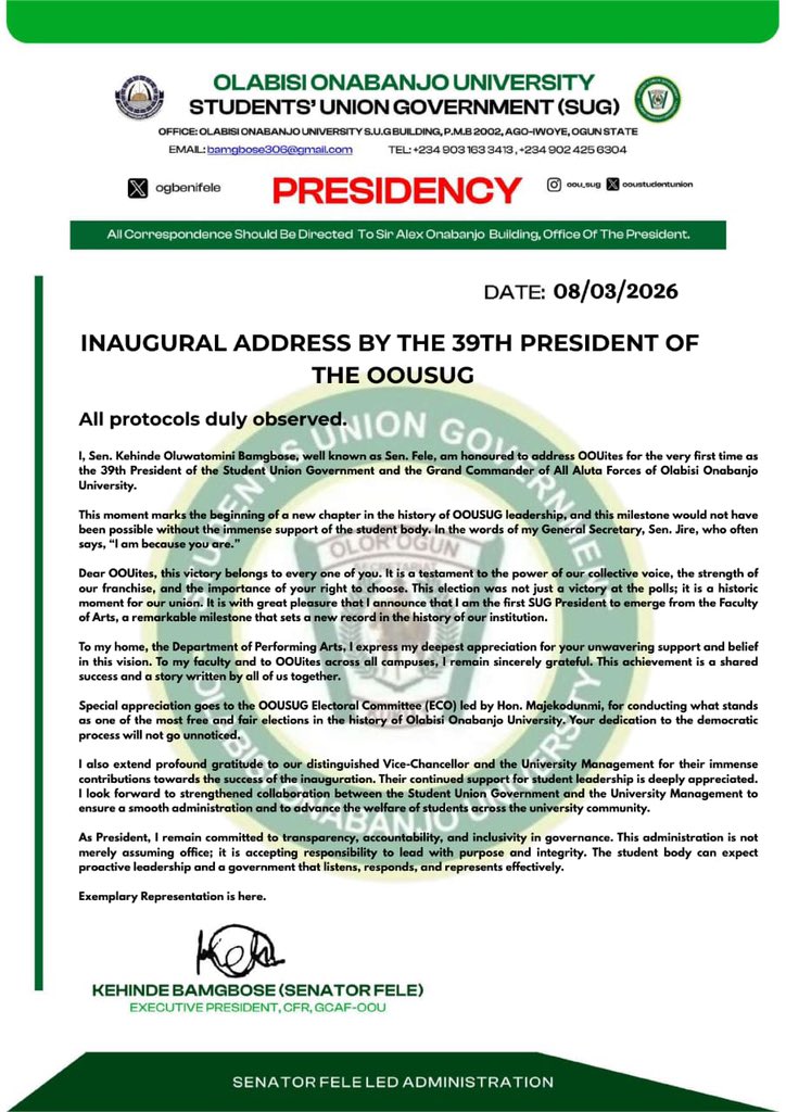 ogbenifele's tweet photo. INAUGURAL ADDRESS BY THE 39th OOU SUG PRESIDENT ✨.

Dear Exemplary OOU’ites,this is a call to service,let’s get the work started✅.

#oou #sug #Inauguration #speech https://t.co/bC9bSwV076