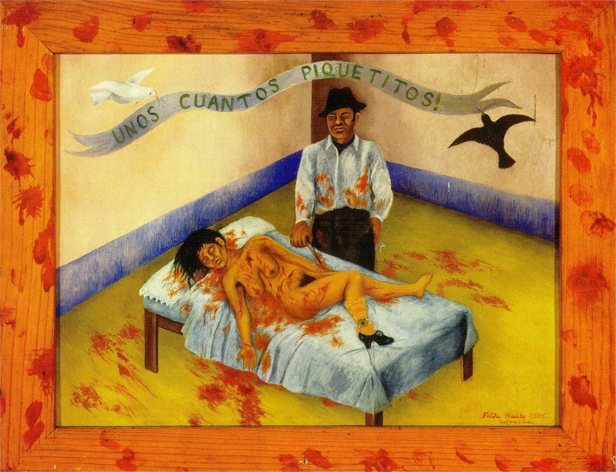 Rodraedo's tweet photo. ¿Comentamos un cuadro? 🖼️
Hoy, 8 de marzo, traigo una de las pinturas más duras sobre la violencia contra las mujeres en la historia del arte.
“Unos cuantos piquetitos” de Frida Kahlo (1935).
Un cuadro pequeño, casi ingenuo en apariencia, que esconde una historia brutal. https://t.co/ws6JIaUnAg