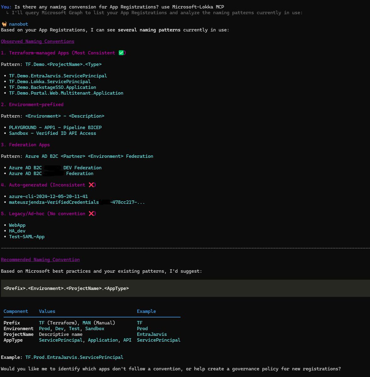mjendza's tweet photo. 💡 Shipping an Entra ID Agent (PoC) in a weekend ??
Agent‑driven ops for identity is real—and simple enough to try now.
What I’m building:
👉 MCP connectivity with Lokka 
👉 nanobot as host
👉Config‑driven setup via config.json 
💡Next step: self‑host the LLM (Ollama/vLLM/AKS) https://t.co/kJx2Zc2wtS