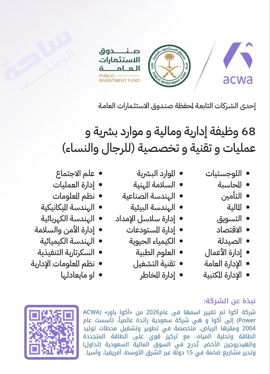 dr2alshehri's tweet photo. 🚨 شركة أكوا – إحدى شركات محفظة صندوق الاستثمارات العامة (PIF)

تُعلن الشركة عن توفر فرص وظيفية متنوعة للرجال والنساء من مختلف المؤهلات، وذلك في عدد من مدن المملكة.

وتشمل الوظائف المتاحة عدداً من التخصصات، من أبرزها:
•مسؤول إداري
•مسؤول استقطاب المواهب
•محاسب
•أمين مستودع
•مشغل ميداني
•مسؤول الصحة والسلامة
•مدير تطوير الأعمال
•مدير مساعد لاكتساب المواهب
•إضافة إلى وظائف أخرى في عدة مجالات.

🔗 للتقديم والتفاصيل:
https://t.co/qOjjDqdDNn