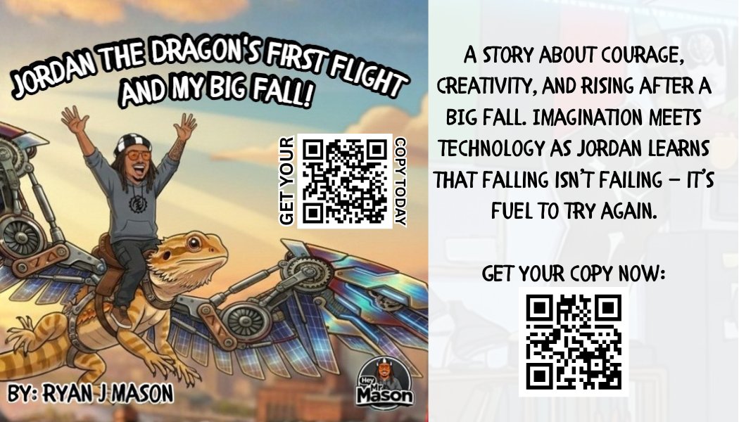 HeyMrMason1's tweet photo. First book!
Imagination meets resilience. Falling isn’t failing — it’s fuel to try again.
First book. Real heart. Big imagination.
Get your copy now 👉🏾
https://t.co/pGN5frhoT1⁠�
#JordanTheDragon #FirstFlight #BigFall #ElementaryCS #HeyMrMason #STEMStories https://t.co/bygyrZt7jq
