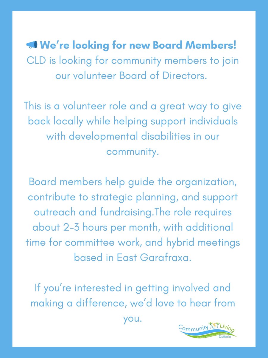 CLDufferin's tweet photo. 📣 We’re looking for new Board Members! 

CLD is looking for community members to join our volunteer Board of Directors. If you’re interested in getting involved and making a difference, we’d love to hear from you.

Learn more and apply here:
https://t.co/TPCCmXGhTe https://t.co/dGGt6cgJEZ