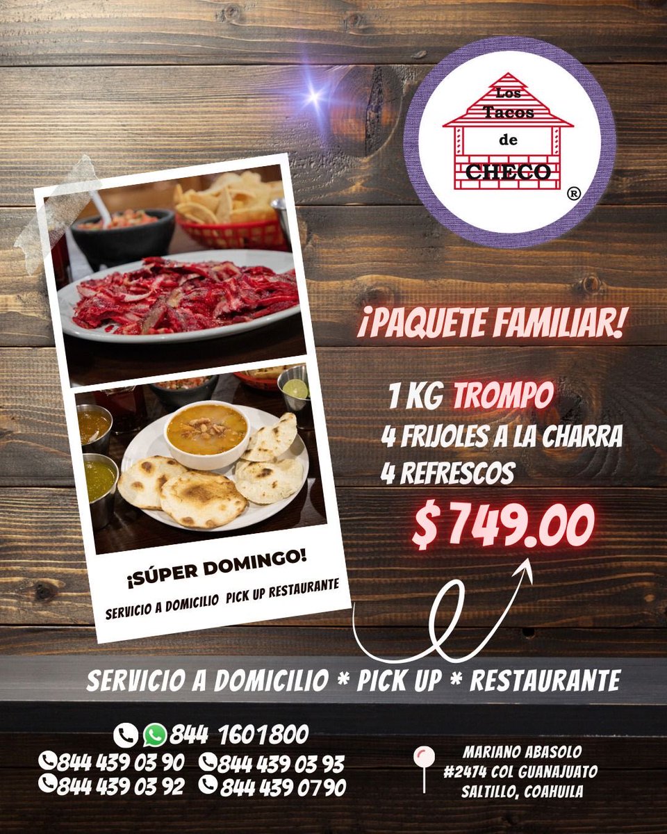 Hoy #FelizDomingo, a partir de la 1:00 p.m. 🕐 pide tu #PaqueteFamiliar. 🤩

¡No cocines! 

WhatsApp 📲 8441601800 
¡Llámanos y nosotros vamos!

Tenemos #ServicioaDomicilio 🚕, #PickUP y #Restaurante. 🍽

#Saltillo #8M 💜