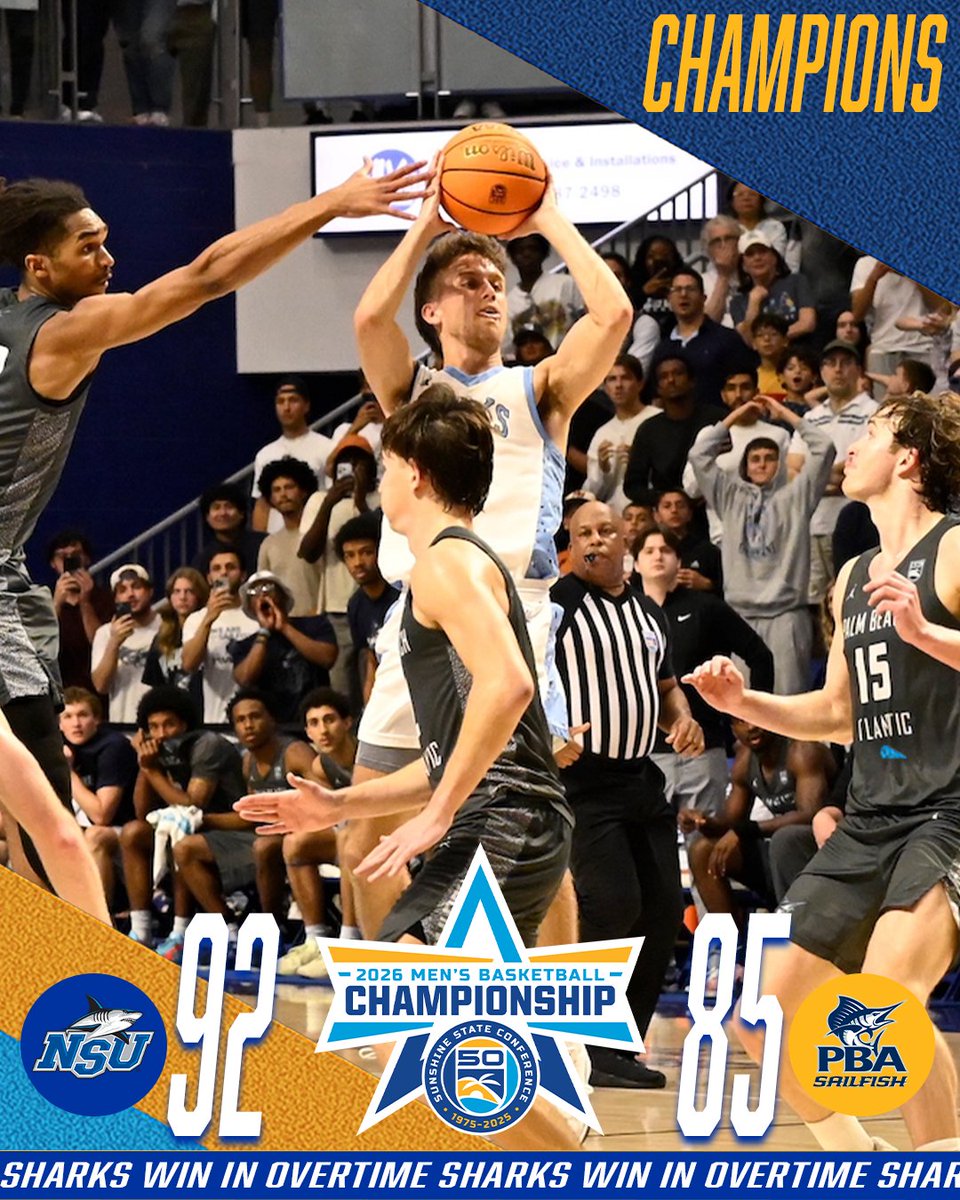 D2SSC's tweet photo. THE SHARKS GET IT DONE IN OVERTIME FOR THEIR FIFTH STRAIGHT TOURNAMENT TITLE!
Ross Reeves sends the game to overtime with a buzzer-beater to help Nova Southeastern defeat Palm Beach Atlantic in the 2026 SSC Men's Basketball Tournament.
#SSCTourney https://t.co/OF3wP6J8gc