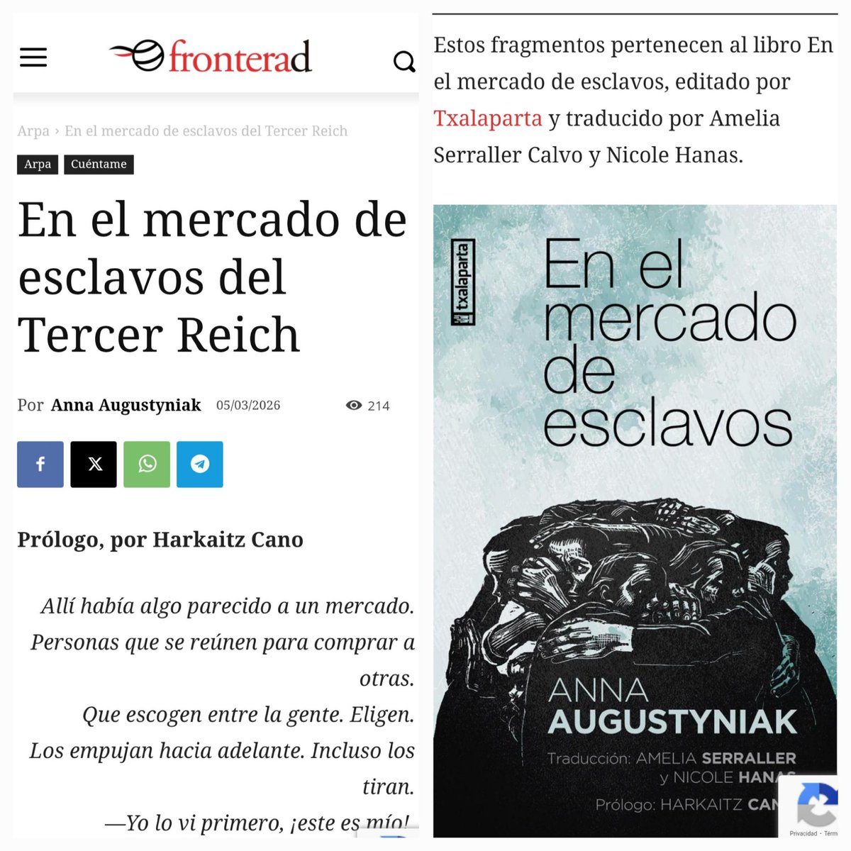 Feliz Día de la Mujer! No os perdáis este pasaje de En el mercado de esclavos" de Anna Augustyniak, que tradujimos Nicole Hanas y yo para <a href="/txalapartatik/">Txalaparta</a> La odisea de mujeres y niñas polacas en la 2Guerra Mundial Prologa Harkaitz Cano,comparte <a href="/fronterad/">FronteraD.com</a> <a href="/alfarmada/">Alfonso Armada</a> <a href="/PLInst_Madrid/">Instituto Polaco de Cultura</a>