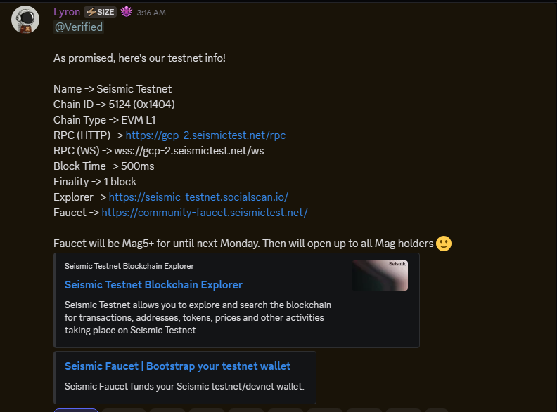 Seismic Testnet is LIVE!

Magnitude 5 holders: You have exclusive Faucet access until Monday.

⚡️ 500ms Block Time
⚡️ EVM L1
⚡️ Instant Finality

The future of privacy infra is here. Full details in Seismic Discord #Announcements channel!
<a href="/SeismicSys/">Seismic</a> 
<a href="/heathcliff_eth/">Heathcliff</a>