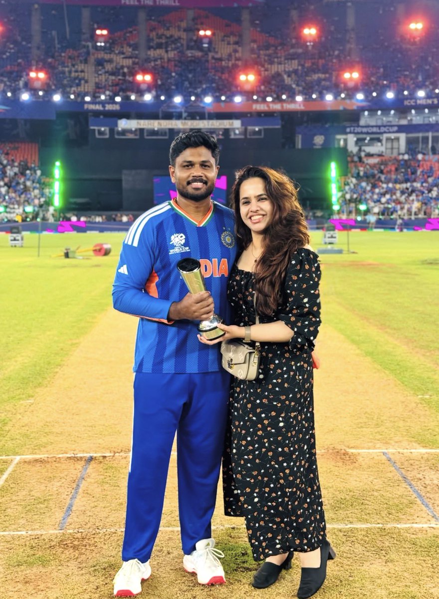 SanjuSamsonFP's tweet photo. Sanju Samson wife via Instagram 🏆💙

“My trophy holding his 🏆😊🙏
Just too grateful 🤍🥺🙏” https://t.co/4L0WqO6CX1
