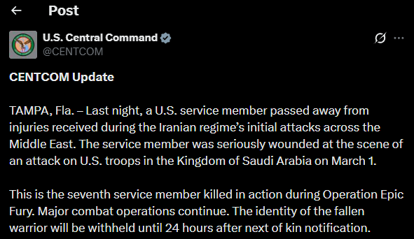 BREAKING: US death toll rises to 7 after another service member was killed in action following Iranian retaliatory strikes on US troops in Saudi Arabia on March 1, CENTCOM announced.