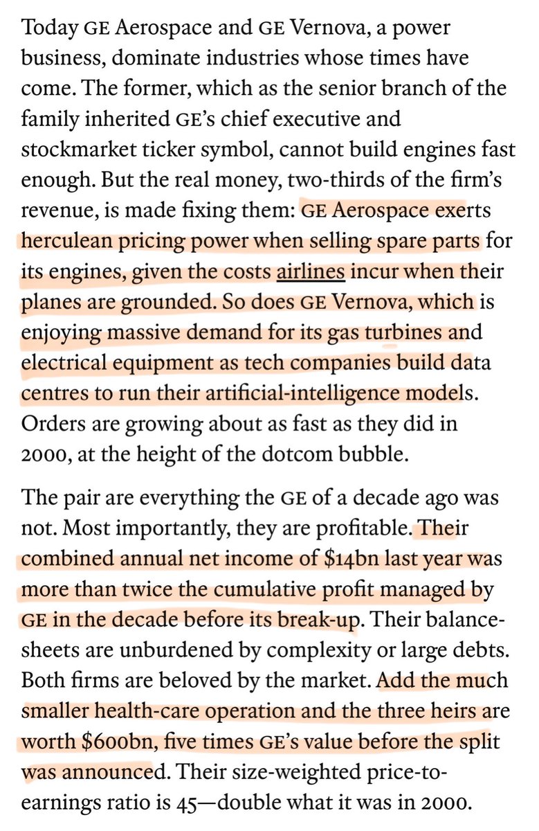 TrungTPhan's tweet photo. The break up of GE has created an impressive amount of shareholder value:

▫️In 2023, GE was worth $120B before splitting off into three. Those firms — GE Healthcare ($34B), GE Vernova ($212B) and GE Aerospace ($340B) — now a combined $586B (~5x).

▫️Combined $14B profit for GE Vernova (huge AI data centre demand for gas turbines) and GE Aerospace (sticky plane parts business) in 2025 was more than GE’s total profit the decade before splitting off.

▫️In 2019, GE sold majority stake in O&G services business Baker Hughes and it’s market cap is since up 3x to $60B.

▫️Same year, GE sold GE Transportation for $11B merged with Wabtec Corp, which is now worth $42B.

▫️In 2018, GE sold an on-site generator busienss to PE for $3B and up 5x to $15B now.

▫️A bunch of former GE Capital folk running similar business (aircraft lending, mid-market corproate) at Apollo.