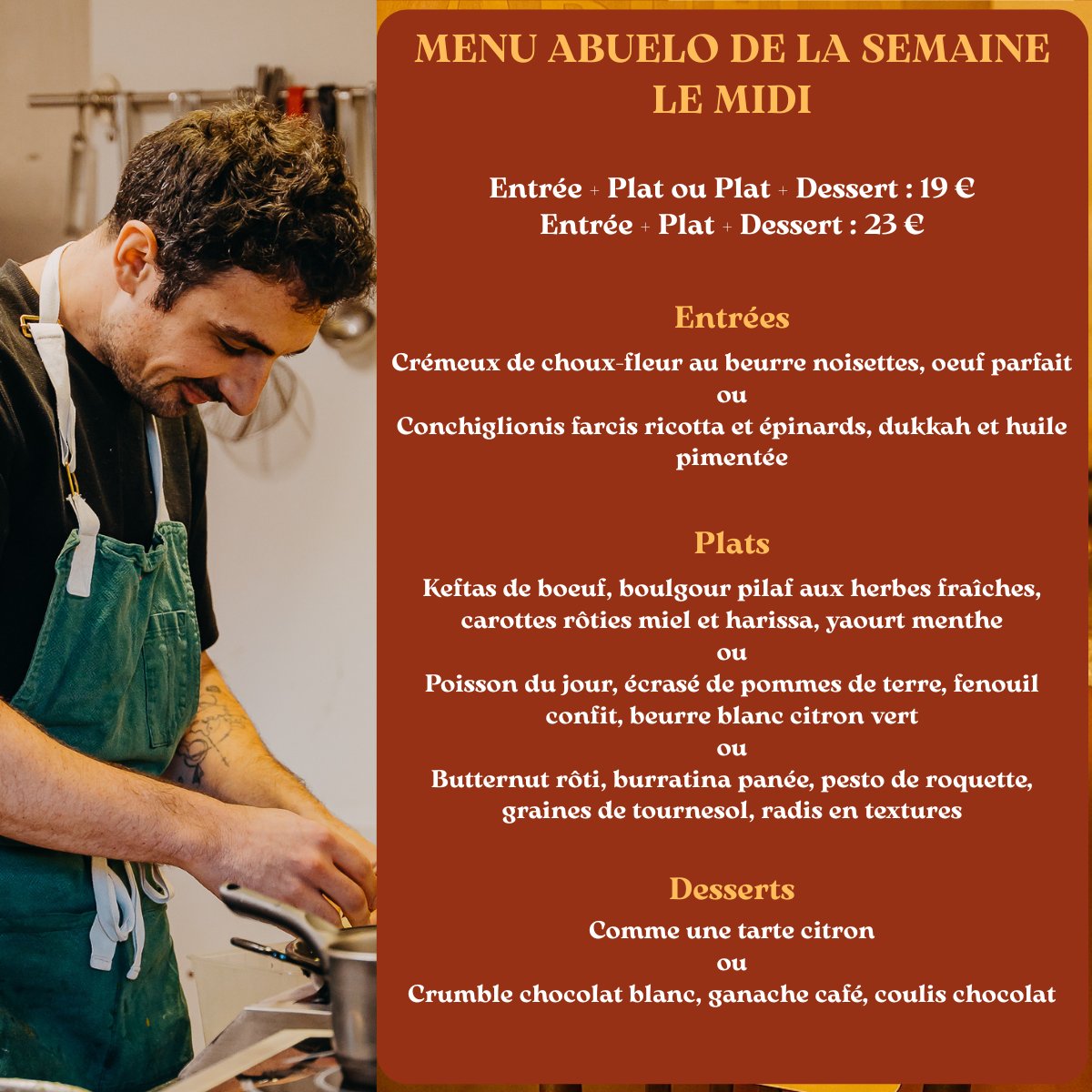 AbueloToulouse's tweet photo. Nouveau menu de la semaine pour le midi ! 
📍Au 201, avenue de Grande-Bretagne, Abuelo est ouvert du lundi au vendredi, midi et soir.
Pour réserver : https://t.co/uW4Jmz32uZ.
👨‍🍳 𝙐𝙣𝙚 𝙗𝙤𝙣𝙣𝙚 𝙩𝙖𝙗𝙡𝙚, 𝙙𝙚 𝙗𝙤𝙣𝙨 𝙫𝙞𝙣𝙨, 𝙙𝙚𝙨 𝙢𝙤𝙢𝙚𝙣𝙩𝙨 𝙥𝙧𝙞𝙫𝙞𝙡𝙚́𝙜𝙞𝙚́𝙨 ! https://t.co/nFDUE7T1Ic
