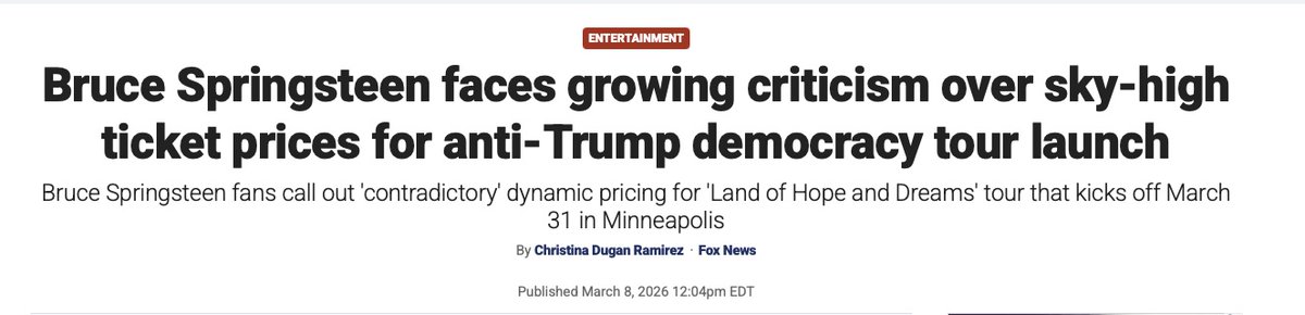 Choke on it leftists. The Boss, lecturing America about Trump, last good album was 1978, crushing capitalist ticket prices, enjoy comrades.