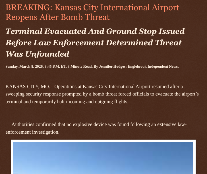 ArtFletcher9's tweet photo. #BREAKING: Kansas City International Airport Reopens After Bomb Threat https://t.co/O33vQ6ZycP via @Englebrooknews #Missouri #KansasCityMO #KansasCity #International #Airport #reopens #groundstop #evacuation #BombThreat @wireless_step @HRG_Media @LodiNJNews @Fordmb1953 @SarahGeving1 @Shannon96574094 @Daytobehappy @janninereid1 @gator4kb18 @MichelleF_35 @KathyKbrose @RobGerundo @JimBobW49