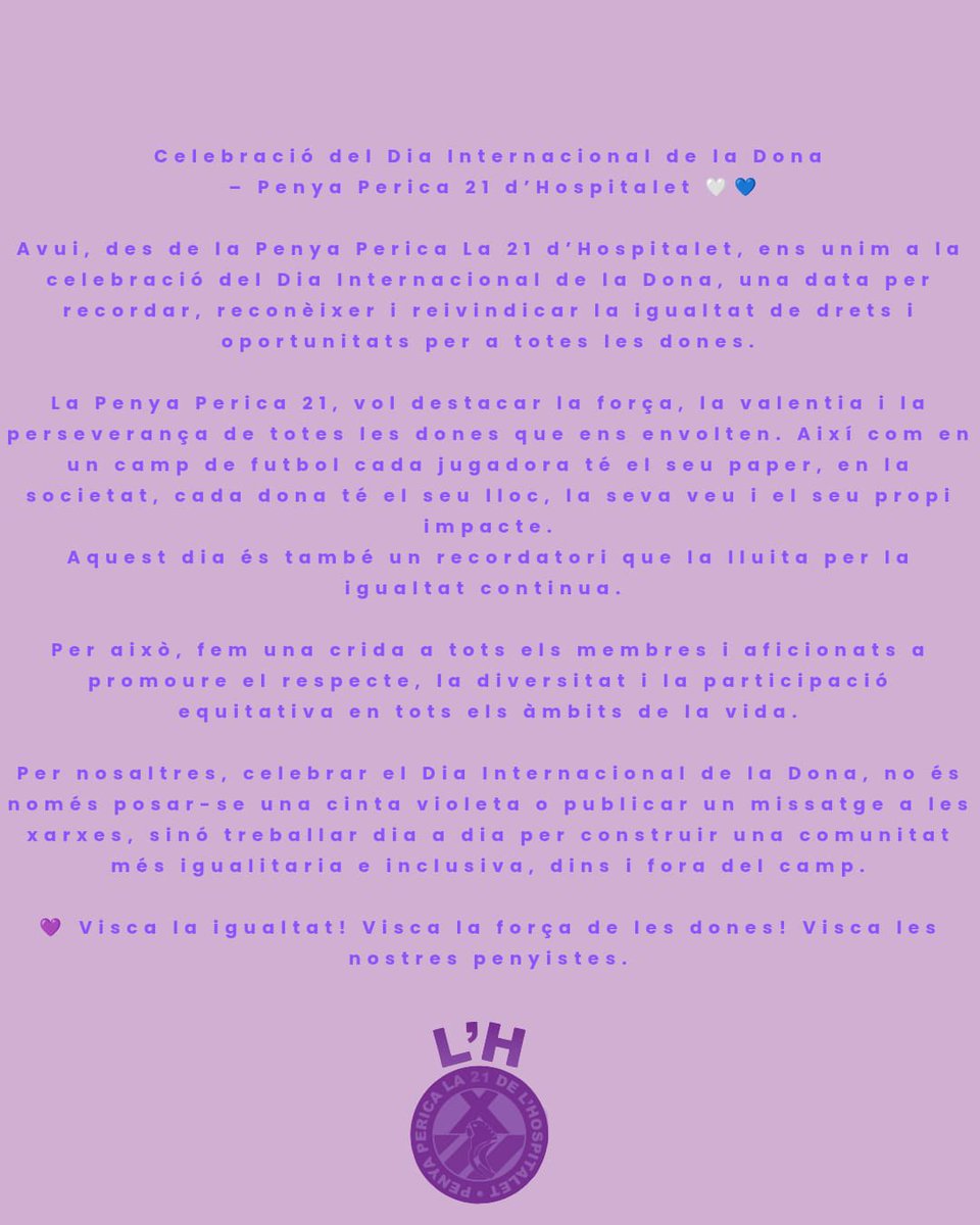 la21Hospitalet's tweet photo. Feliç Dia Internacional de la Dona!
#8M #DiaInternacionalDeLaMujer #RCDE https://t.co/mk52a5A8p4