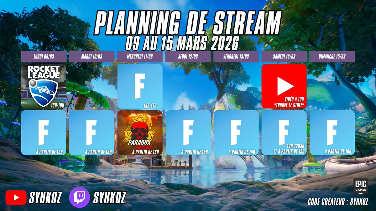 Planning de stream | 09 au 15 Mars 2026
Bonne semaine à tous