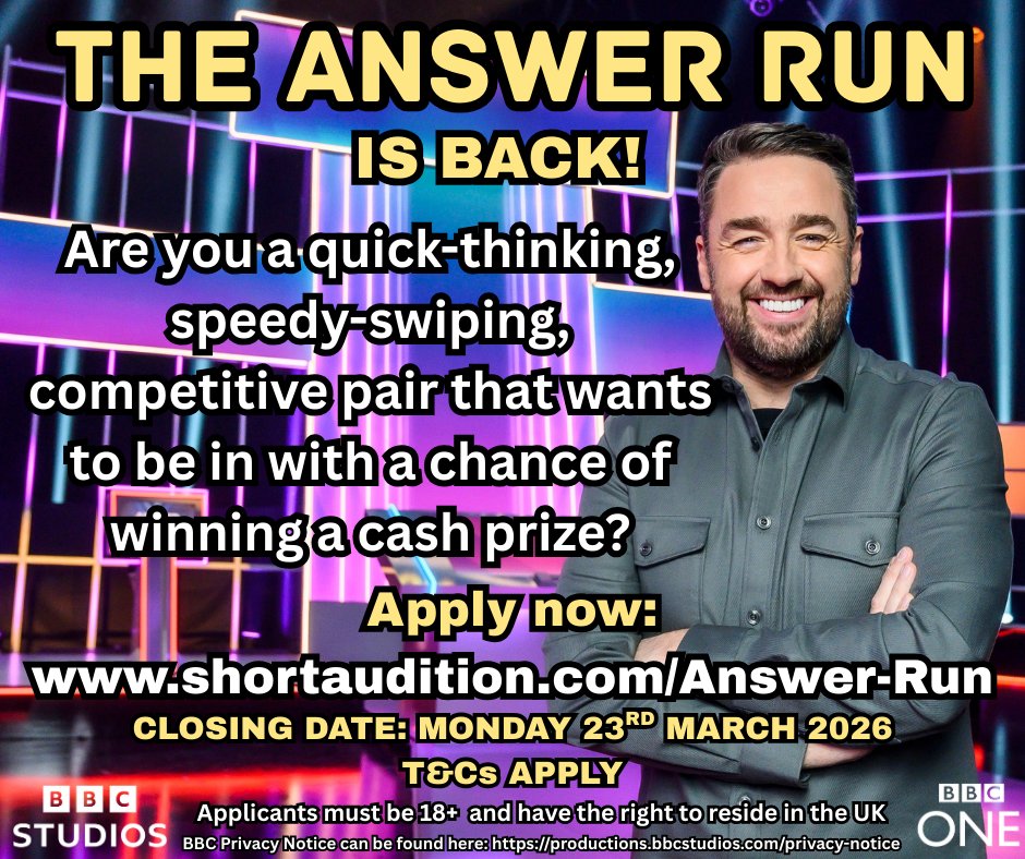PubQuizzy's tweet image. Hey Quizzy pals!  We've been contacted by BBC Studios and they tell us they are  looking for fun, confident pairs to take part in Jason Manford’s returning BBC One quiz show, The Answer Run! 📷📷

Apply here by 23/03: shortaudition.com/Answer-Run #TheAnswerRun #PubQuizzy