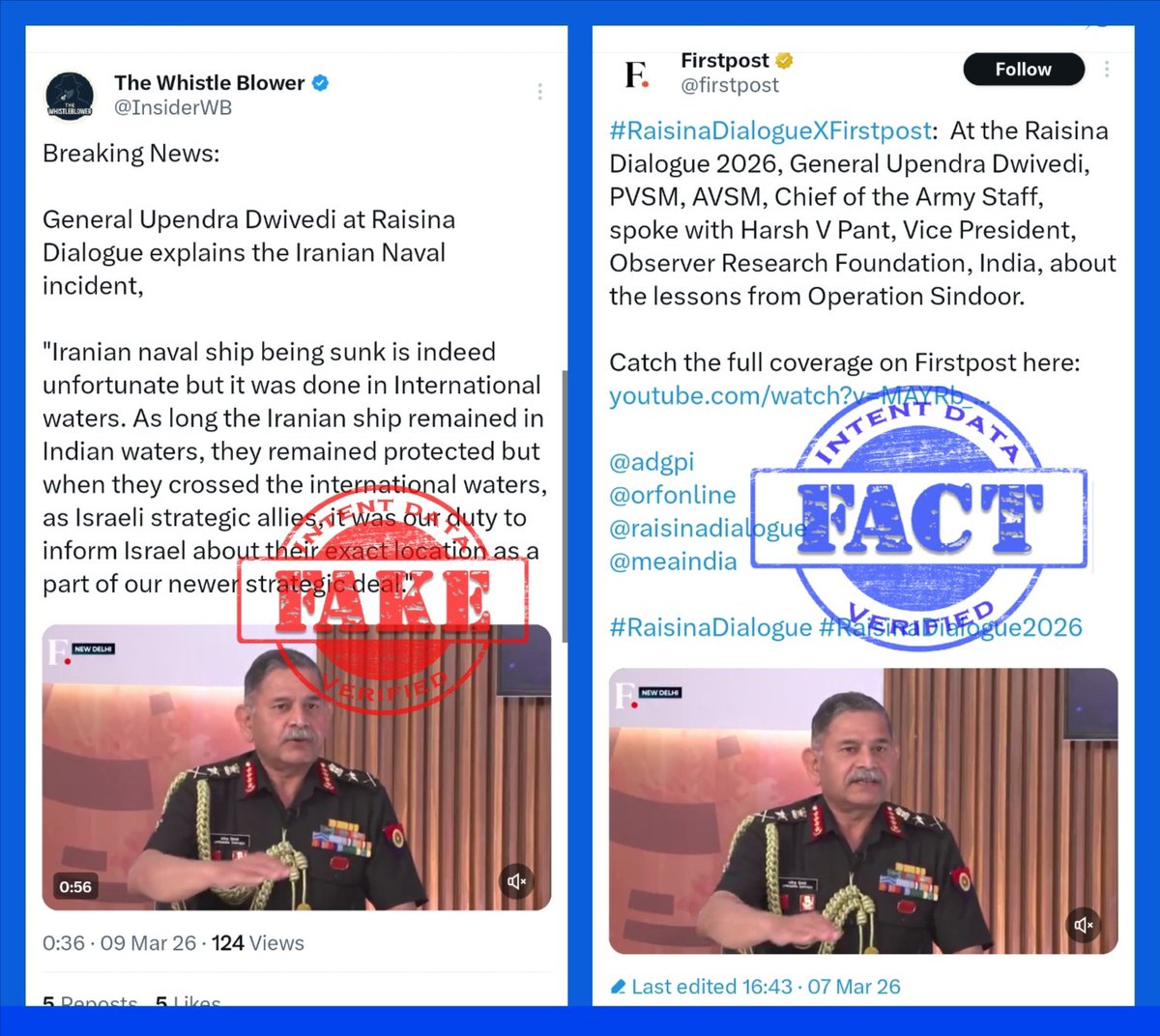dintentdata's tweet photo. 4478
ANALYSIS: Fake

FACT: Pakistani propaganda accounts are circulating a digitally altered video of Indian Army Chief General Upendra Dwivedi with false claims that during the Raisina Dialogue, he spoke about the Iranian naval incident and allegedly(1/4)
