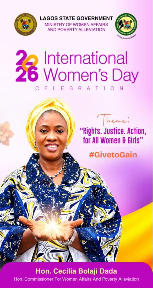 LASG COMMEMORATES 2026 WOMEN’S DAY

… Reaffirms Commitments To Safeguarding Their Rights

The Honourable Commissioner for the Lagos State Ministry of Women Affairs and Poverty Alleviation Hon. (Mrs.) Bolaji Cecilia Dada, has extended warm greetings and solidarity to women across