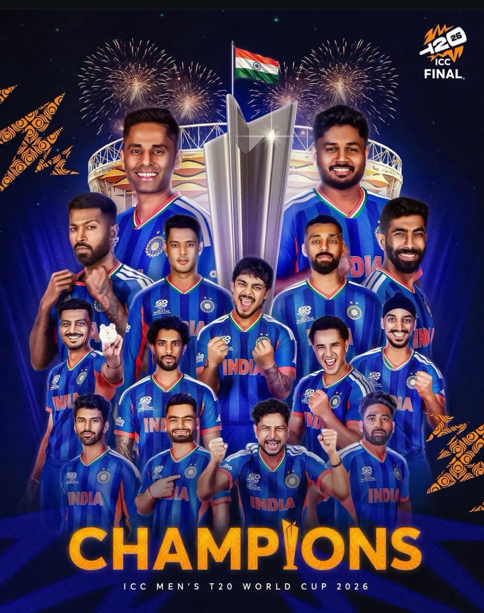 GMalik56's tweet photo. History made! 🇮🇳🏆 Team India wins the 2026 final. Congratulations champions! 🔥

#TeamIndia #Champions #IndiaWins #Cricket #BleedBlue #IndianCricket #Champions2026 #ProudMoment 🇮🇳🏆 https://t.co/IZ6Ua3mPCY