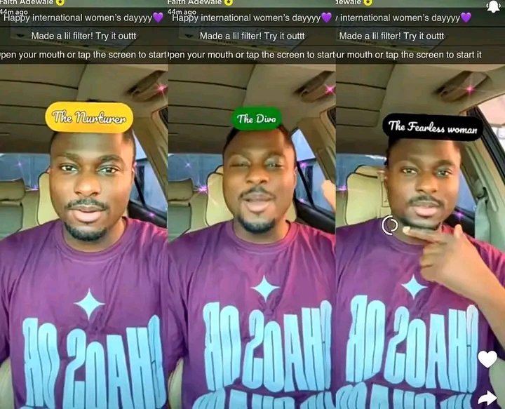 Faithfuls 💜🔥
To celebrate Women’s Day, Faith created a fun Snapchat filter that shows fun sides of women😂🥰
Click the link,try it and reply with a screenshot of the FIRST result you got 👇No cheating oo👀😂
🔗snapchat.com/t/W5EJ7qw6⁠�
Let’s see what yours says 
#FaithAdewale