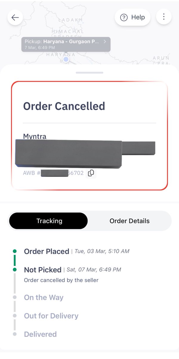Aftaf03's tweet photo. hey @MyntraSupport @myntra @delhivery @help_delhivery 
I placed the order on 2 march and it shows on myntra that on 3 march it is in transit and shipped to nearest delivery centre.But when i track it on its delivery partner i.e,delhivery the status show me the order is cancelled. https://t.co/w28BlUD652