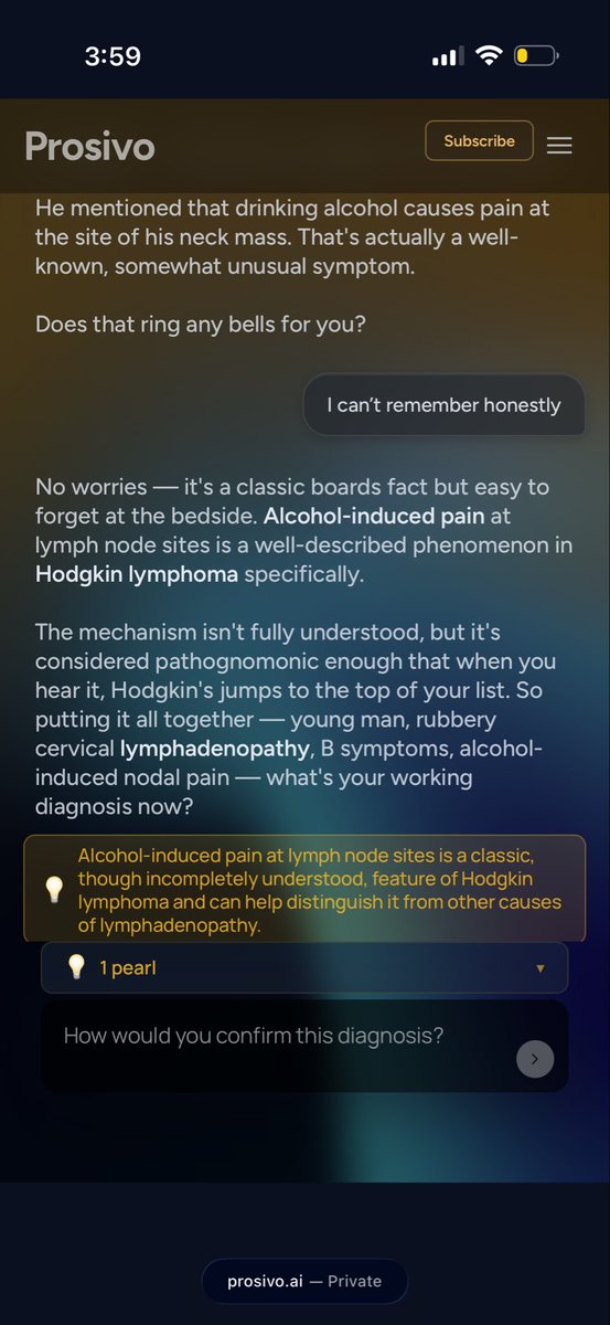 samalsabtiDO's tweet photo. Playing around with @prosivo, brushing up on some heme-onc knowledge for fun. Didn’t know that alcohol induced lymphadenopathy is so specific for Hodgkin lymphoma. 

So cool. Still can’t believe I built this 😎 https://t.co/LoDKrGmoyK