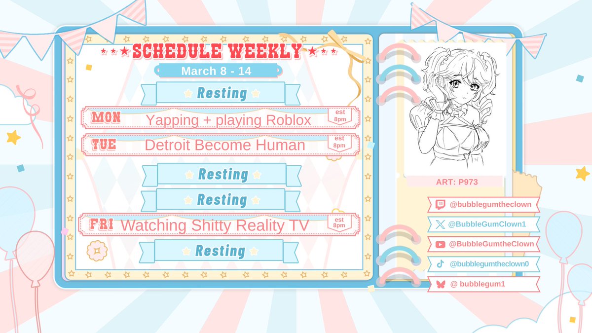 🎉STREAM SCHEDULE 3/8 - 14

🕹️Just chatting and playing some Roblox with chat
🤖Playing Detroit Become Human for the first time
❤️Watching some terrible reality tv shows

🎨 P973