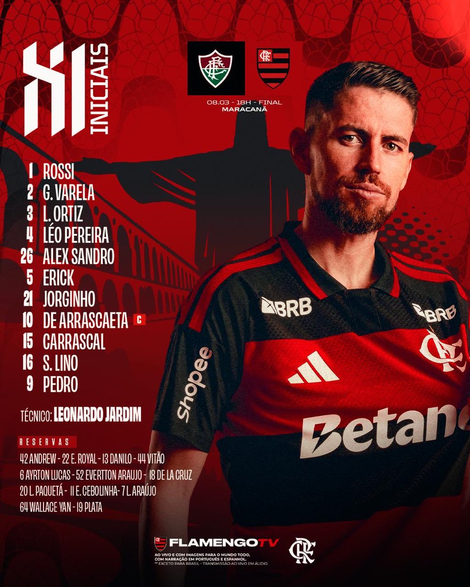 maurocezar's tweet photo. Flamengo escalado sem Lucas Paquetá. 
É o time da final da Libertadores passada, em Lima, sem Bruno Henrique, por sinal vetado (pubalgia); e com Pedro, que estava lesionado quando do tetra sobre o Palmeiras.
Leonardo Jardim aposta no entrosamento. https://t.co/at2wqMLHKh