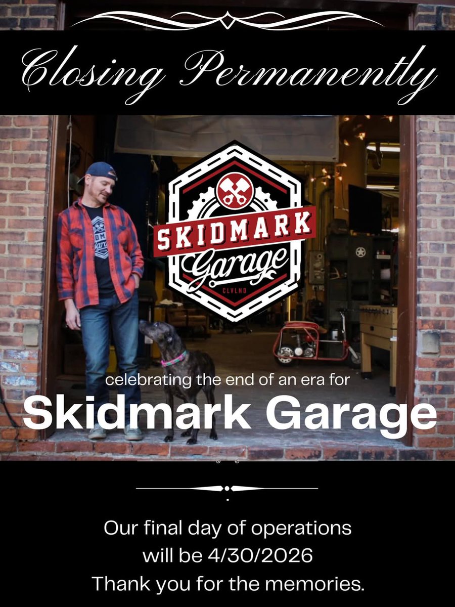 #SkidmarkGarage — Cleveland's cool community-based motorcycle workshop — is set to close permanently: After a great deal of reflection and care, we have made the extremely difficult and sad decision to close Skidmark Garage. 
dealernews.com/Home/post/hitt…