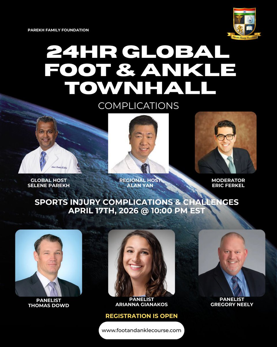 seleneparekhmd's tweet image. 🔥 Sports Injury Complications &amp;amp; Challenges 🔥

Happening at 22:00 EST on 04/17/2026 — join Eric Ferkel, Thomas Dowd, Arianna Gianakos, Greg Neely for an incredible session packed with insights, challenges, and surgical wisdom.

@RothmanOrtho @RothmanFootandAnkle #PrincetonNJ
