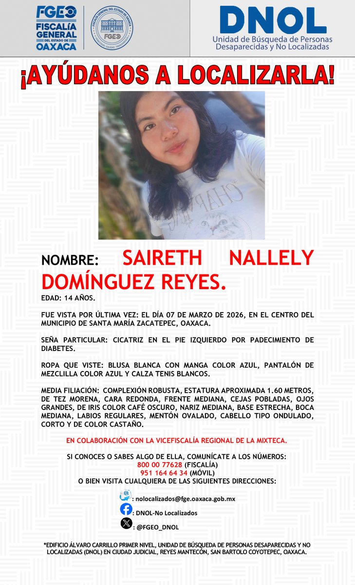 FGEO_DNOL's tweet photo. ¡AYÚDANOS A LOCALIZARLA!
@FISCALIA_GobOax @AEI_Oaxaca @MunicipioSeguro @PolVial_GobOax @GN_Carreteras @DIF_Oaxaca @Bomberos_GobOax @UnidadGnro_SSPO https://t.co/RaaR0xDYJ4