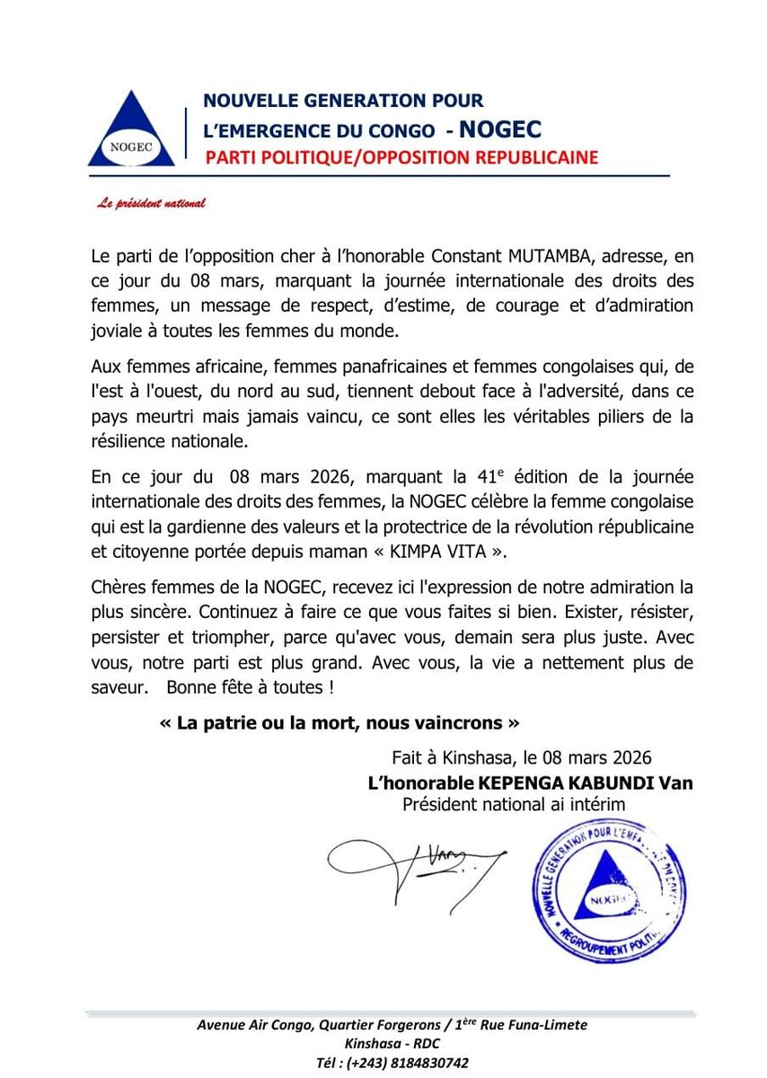 🚨 Adresse du Président a.i Hon KAPENGA KABUNDI VAN aux femmes à l'occasion de la journée du 8 Mars