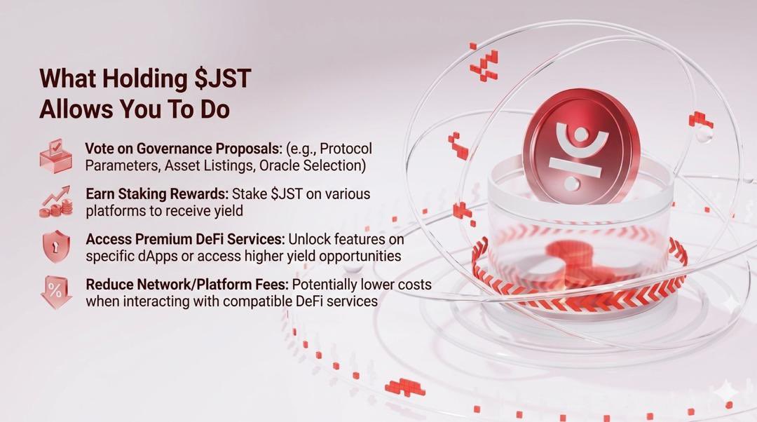 𝐖𝐡𝐚𝐭 𝐇𝐨𝐥𝐝𝐢𝐧𝐠 $𝐉𝐒𝐓 𝐀𝐥𝐥𝐨𝐰𝐬 𝐘𝐨𝐮 𝐓𝐨 𝐃𝐨

In decentralized finance, ownership is more than holding tokens,  it’s about having a voice in how the system evolves. Holding JUST ( $JST) gives users the power to directly participate in governing the JUST Protocol,