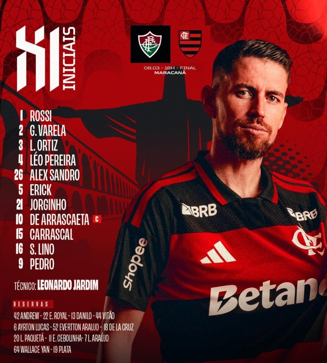 O Flamengo está oficialmente escalado pelo técnico Leonardo Jardim para o clássico decisivo contra o Fluminense, válido pela final do Campeonato Carioca, neste domingo (08/03/2026), às 18h, no Maracanã.
Escalação Titular:
 * Goleiro: 1 Rossi
 * Defesa: 2 G. Varela, 3 L. Ortiz, 4