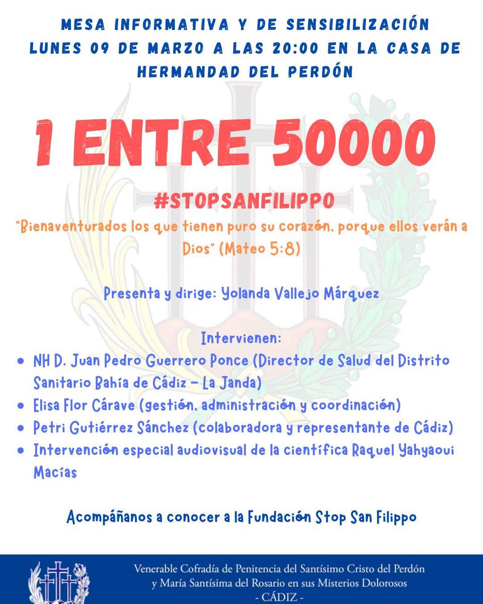 CofradiaPerdon's tweet photo. “LUNES DEL PERDÓN SOLIDARIO”

Mañana lunes 9 de marzo a las 20,00 horas en la Casa de Hermandad del Perdón (C/ Ruiz de Bustamante, 5 – bajo) tendremos el lunes solidario.

Este año será la Fundación Stop San Filippo con la mesa informativa y de sensibilización 1 ENTRE 50.000 https://t.co/1n6XhVjXco