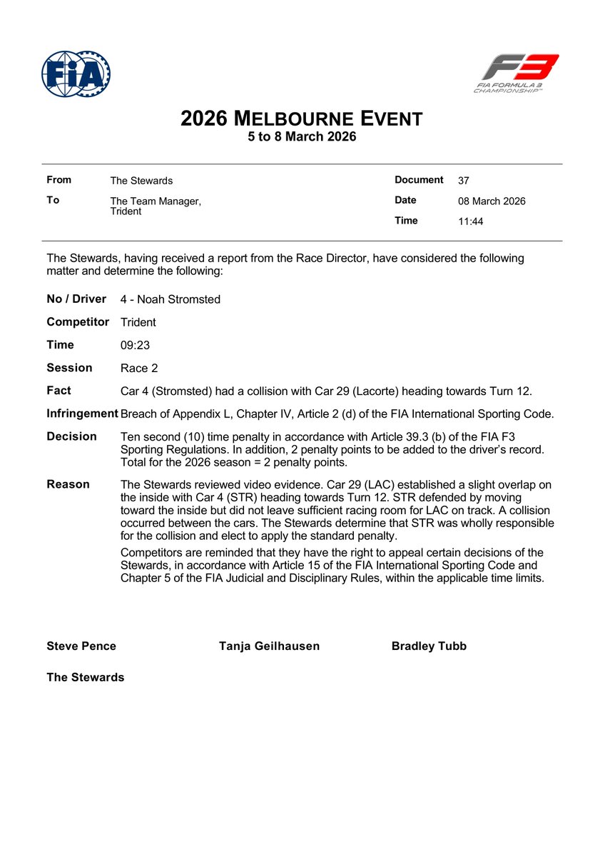 f3docsbot's tweet photo. New document: Doc 37 - INFRINGEMENT - Car 4 - Causing a collision
Published on 08.03.26 01:45 CET

https://t.co/KVz3rT3t9K
#F3 #Formula1 #FIA https://t.co/LftEgkLqtF