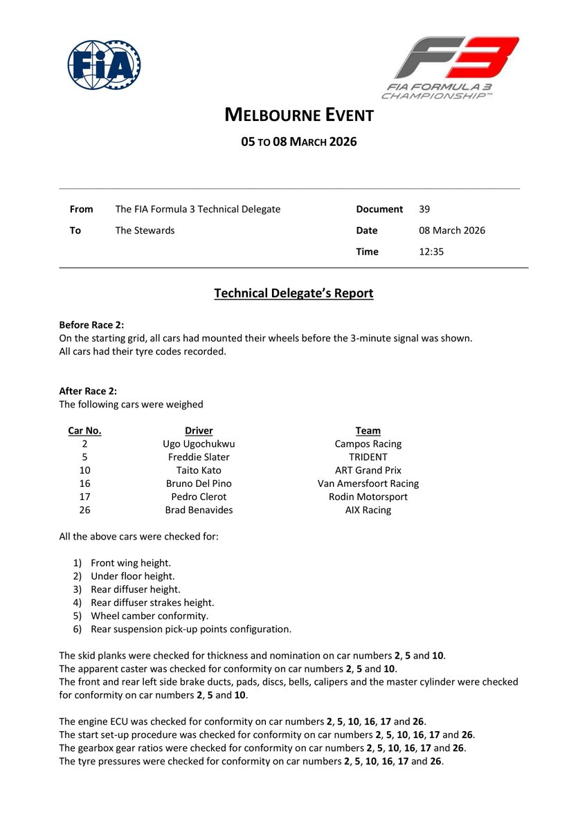 f3docsbot's tweet photo. New document: Doc 39 - F3 Technical Delegates Report 5
Published on 08.03.26 02:37 CET

https://t.co/qVyWYh35OB
#F3 #Formula1 #FIA https://t.co/8ht3Pq81qY