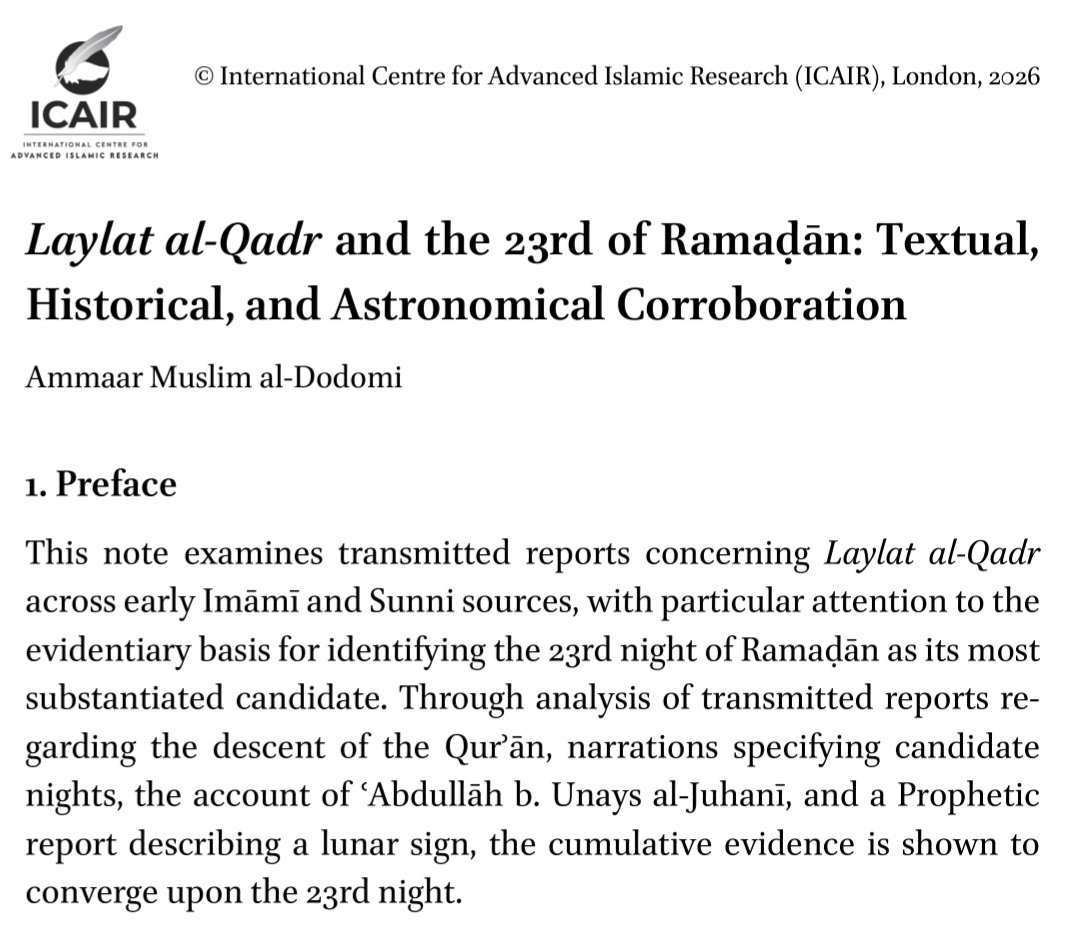I am grateful to the excellent team at ICAIR for publishing my research note entitled: "Laylat al-Qadr and the 23rd of Ramaḍān: Textual, Historical, and Astronomical Corroboration" 

If someone wants to access the evidence accross both the Imami and Sunni corpus identifying the