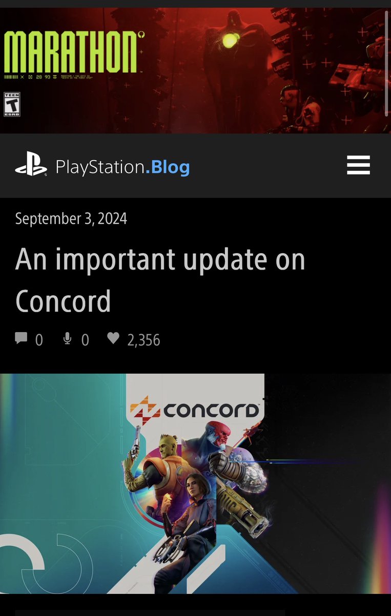 Pirat_Nation's tweet image. In the Concord 2024 PlayStation blog, players who view the game's shutdown announcement are now greeted by a banner ad for Marathon (2026).

This is purely a coincidence.