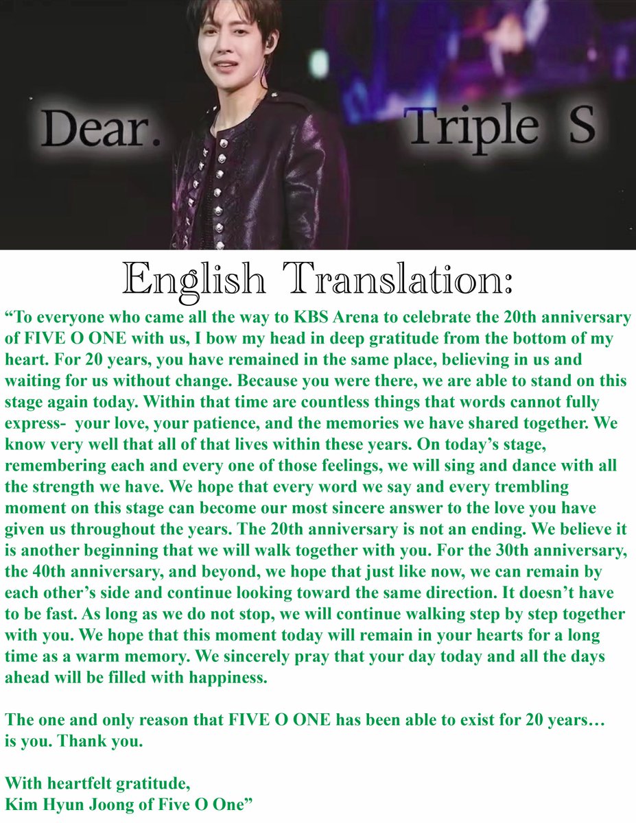 A true leader never forgets who made the journey possible. For 20 years, he has walked with his fans- honoring the past, cherishing the present &amp; dreaming of the future. That is the heart of a true leader. That is #KimHyunJoong 💚m.youtube.com/watch?v=aw8Tqr…
(Chat GPT= English trans.)