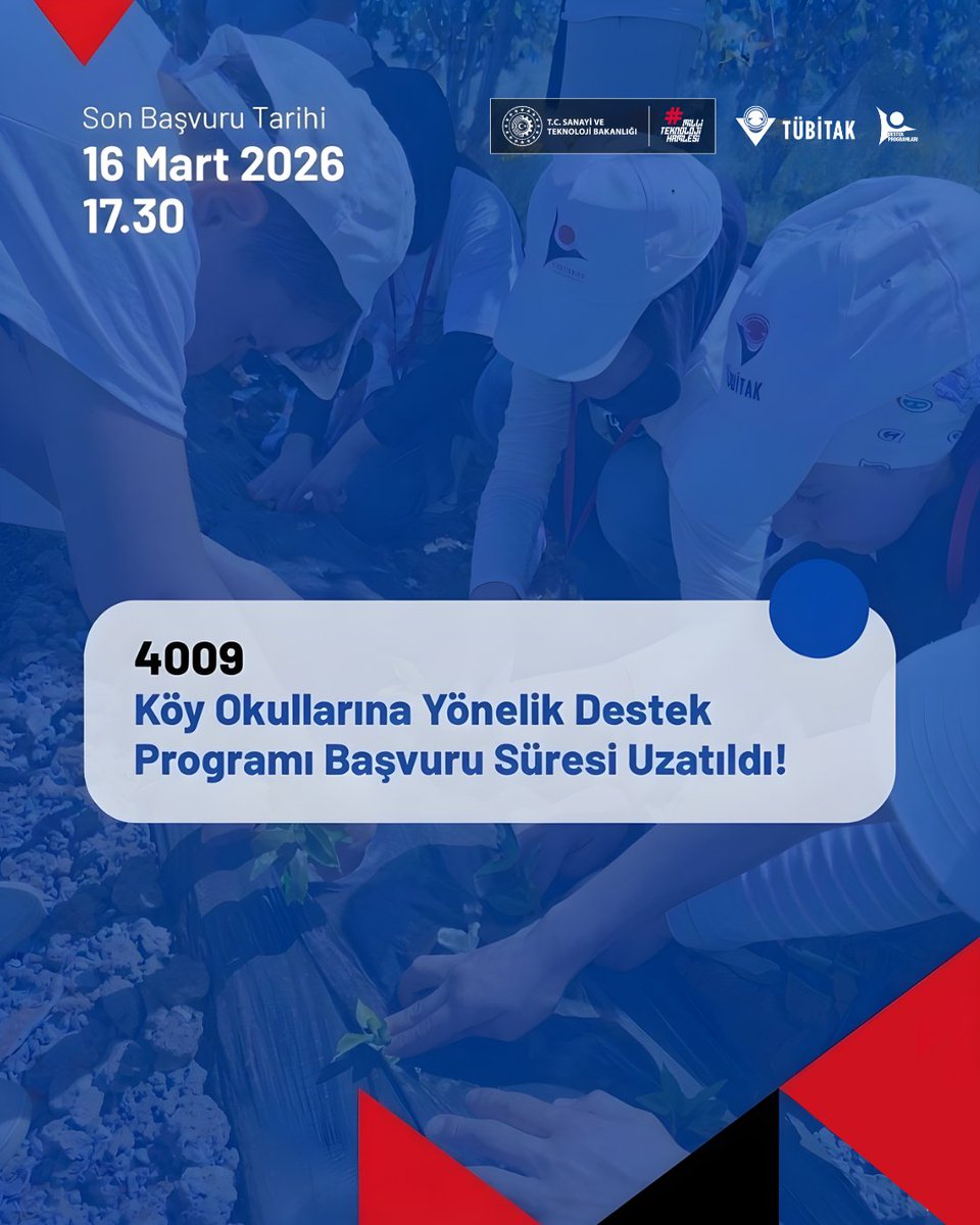 bursailmem16's tweet photo. 📢 TÜBİTAK 4009 Köy Okullarına Yönelik Destek Programı çağrısı başvuru süresi uzatıldı! 

Başvuru için son tarih:
🗓️16 Mart 2026 (17.30)

Başvuruların belirtilen tarihe kadar tamamlanıp e-imza ile onaylanması gerekmektedir.  

Detaylar 👇🏻
https://t.co/jsfS7bizfz

@tcmeb @GurhanCokgezer #bursamem
