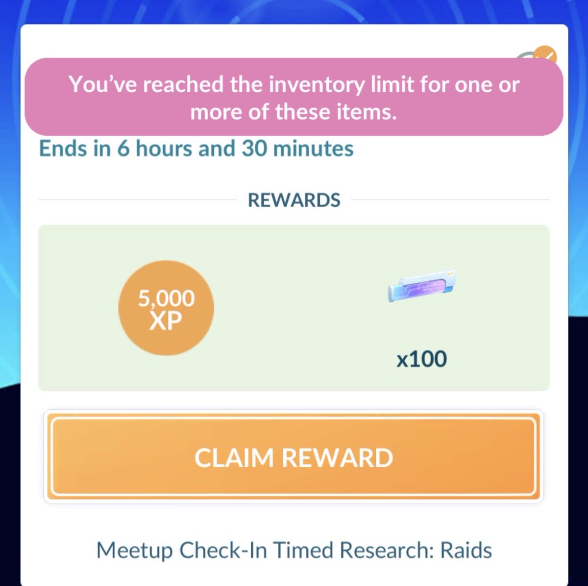 tim2gill's tweet photo. @PokemonGoApp @NianticHelp nice feature. Can’t redeem reward as at max or use it as no mega raids. I should at least be able to get the XP!!!! https://t.co/pfQ2UOajMl