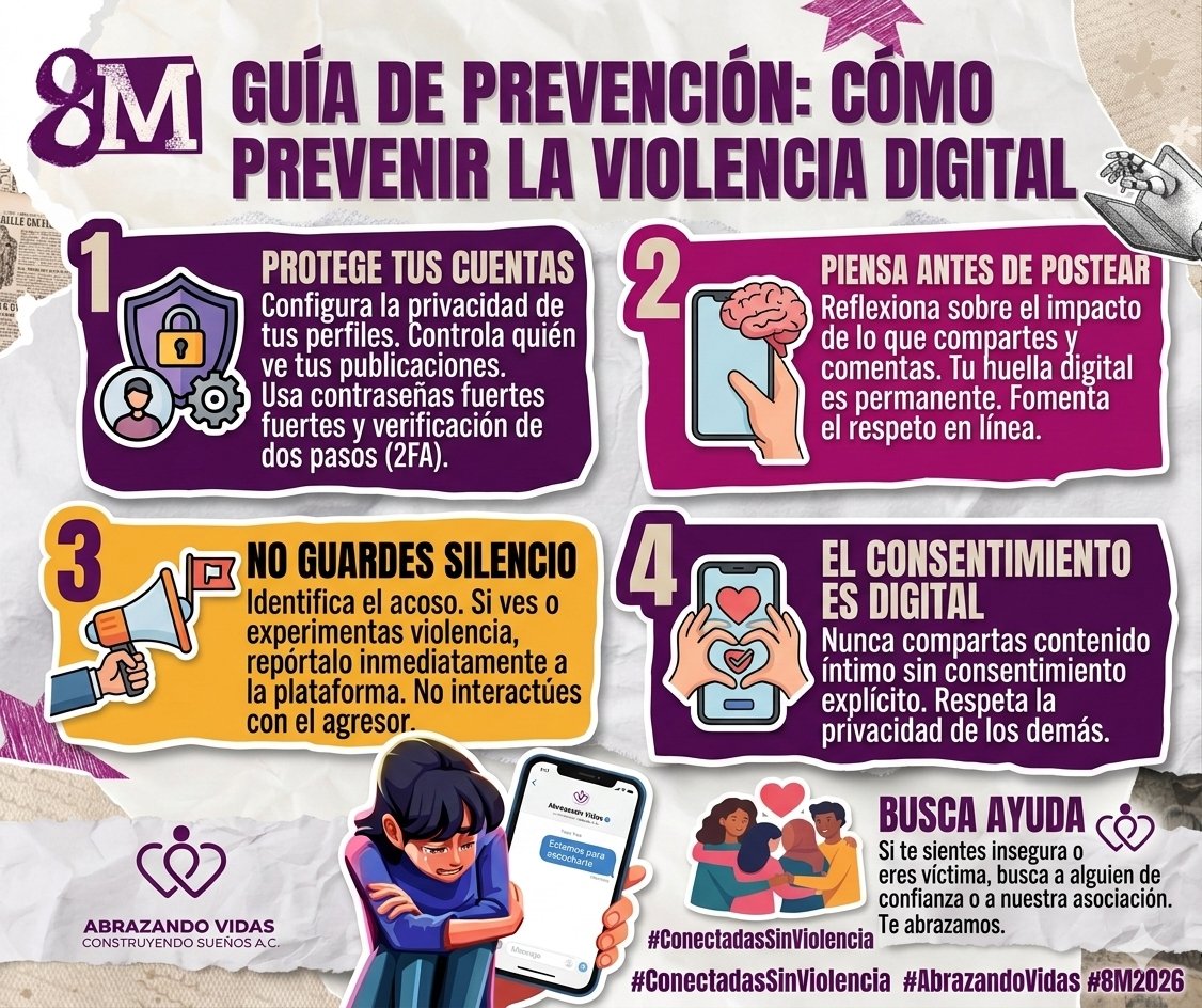AVyCSong's tweet photo. La violencia digital es violencia. Punto. 🚫📱

​Este #8M2026, desde @AVyCSong, te compartimos la hoja de ruta para protegerte en línea:

​🔐 Privacidad y 2FA.
🧠 Piensa antes de postear.
📢 Reporta, no calles.
🤝 Consentimiento digital siempre.

​Si necesitas ayuda, ¡búscanos! https://t.co/XnDRa3172c