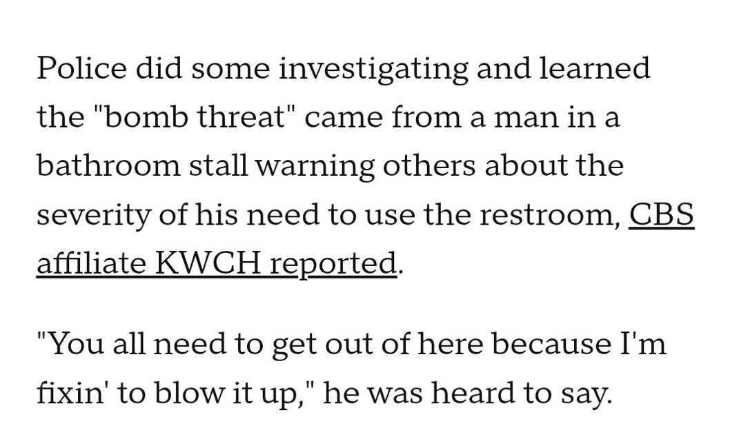 The pinnacle of Burger Reich bomb threats. Man on verge of explosive shit causes panic while simply trying to give people in the Men’s Bathroom advanced warning of the diabolical doo he’s boutsa drop. He was being neighborly to the other stalls and this is how he’s repaid, smh