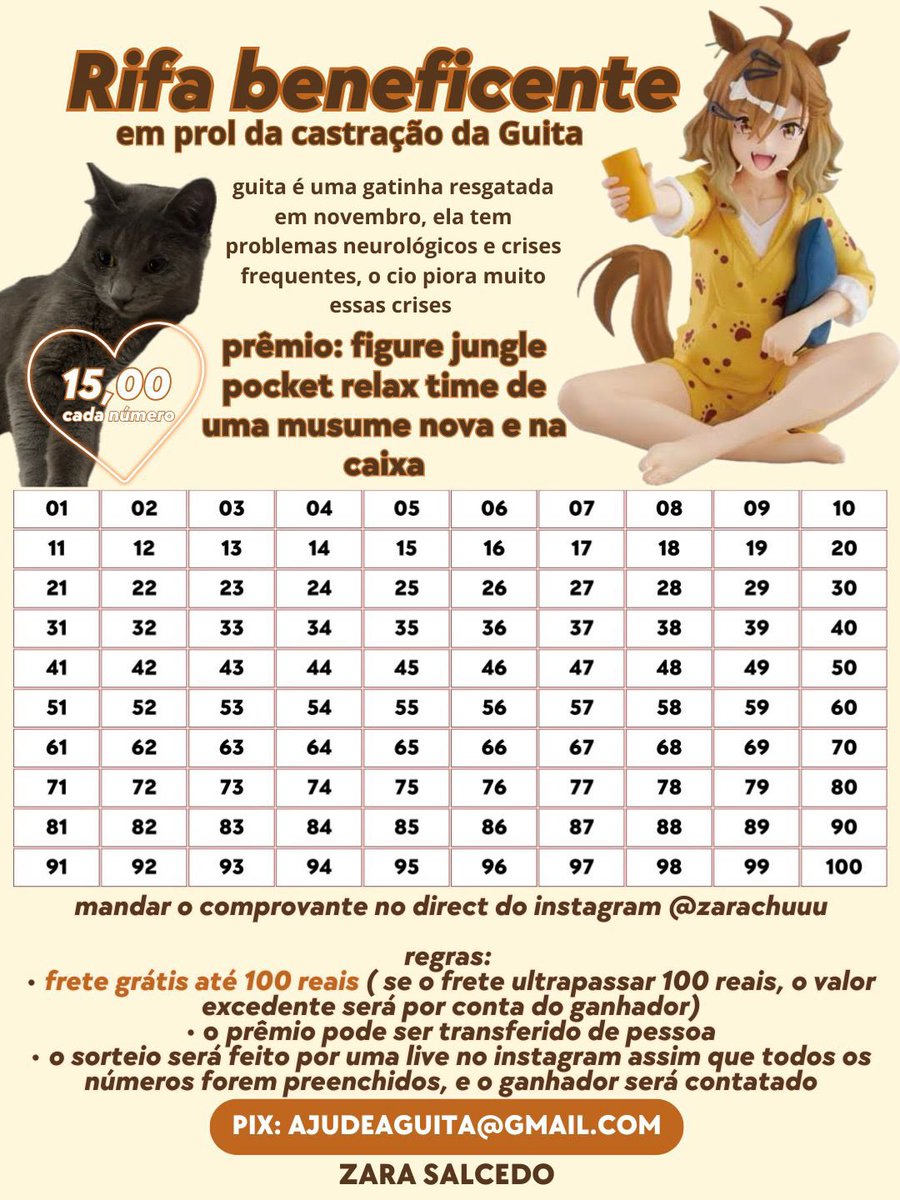 lunarun25's tweet photo. RIFA BENEFICENTE

a minha amiga Zara está fazendo uma rifa para arrecadar dinheiro para a castração de sua gatinha. e o prêmio é uma figure da Jungle Pocket (Umamusume) novinha e com caixa!!

mais infos na imagem!

cada número é 15,00. pix: ajudeaguita@gmail.com https://t.co/bgqnoCBViQ